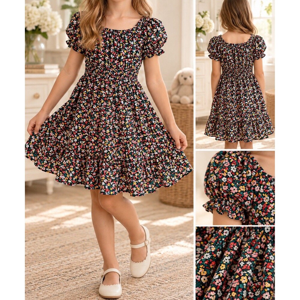 Janie and Jack Floral Smocked Puff Sleeve Cotton Dress Kids Size 10 New No Tags